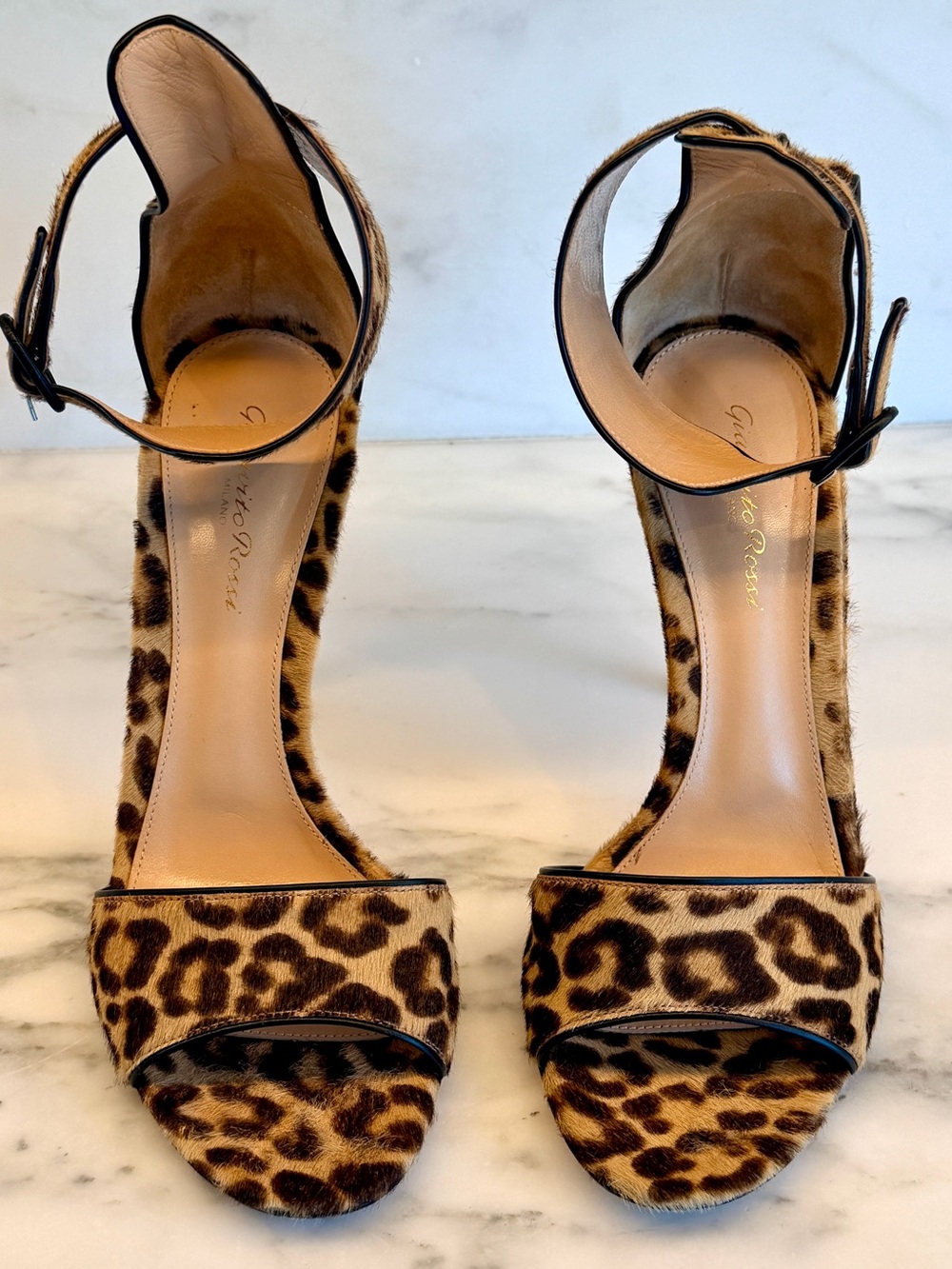 Gianvito Rossi Leopard Print Open-Toe Ankle-Strap Heels